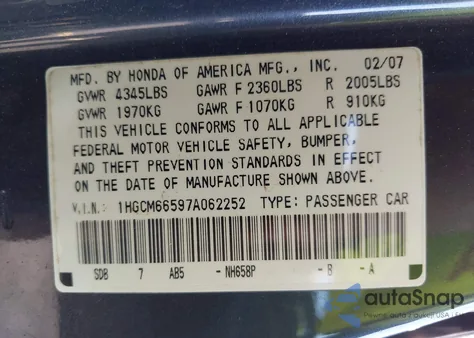 2007 Honda Accord 3.0 Ex z USA, uszkodzony, nr VIN 1HGCM66597A062252